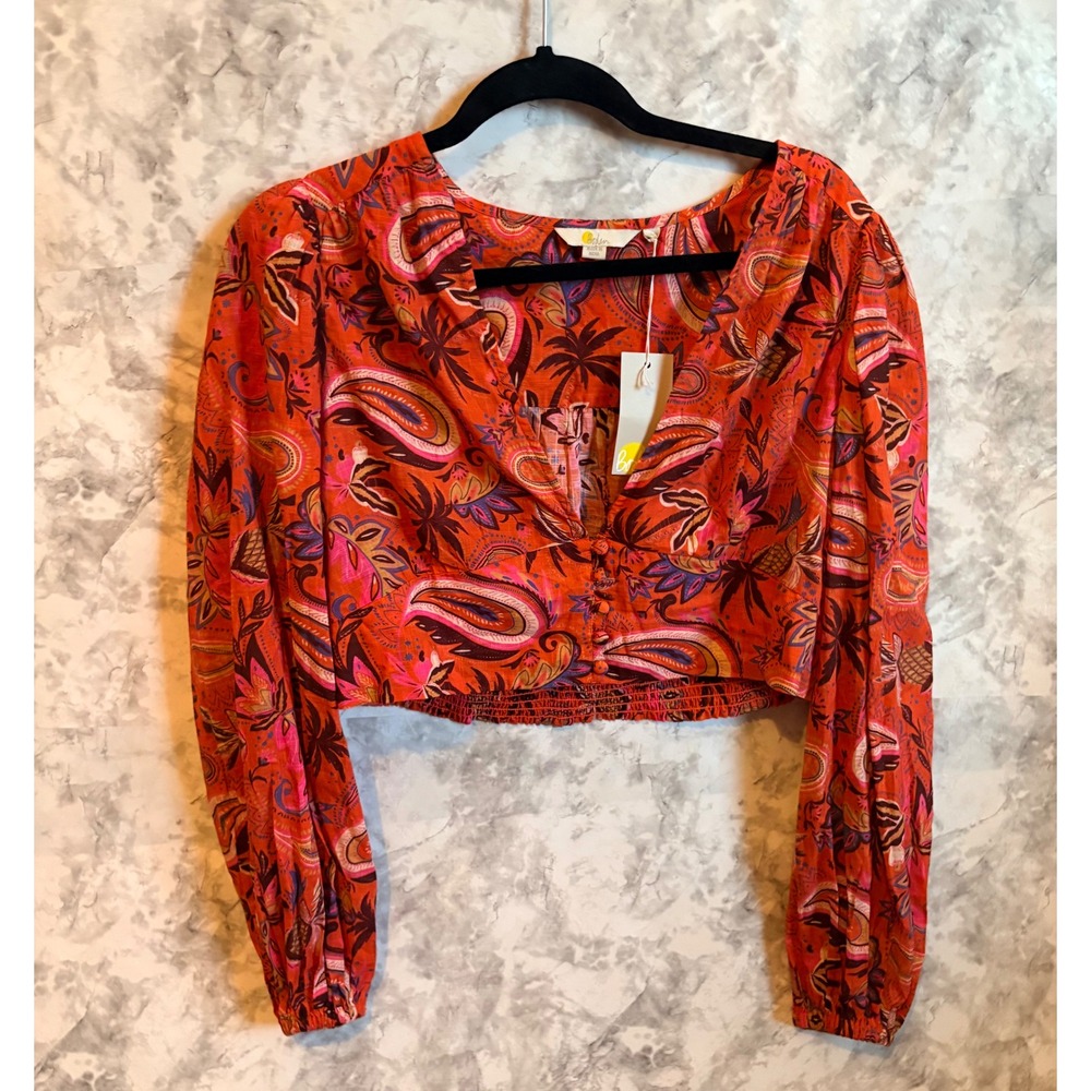 Boden Orange Paisley Print Cropped Balloon Sleeve‎ Blouse Top Boho 14 NWT